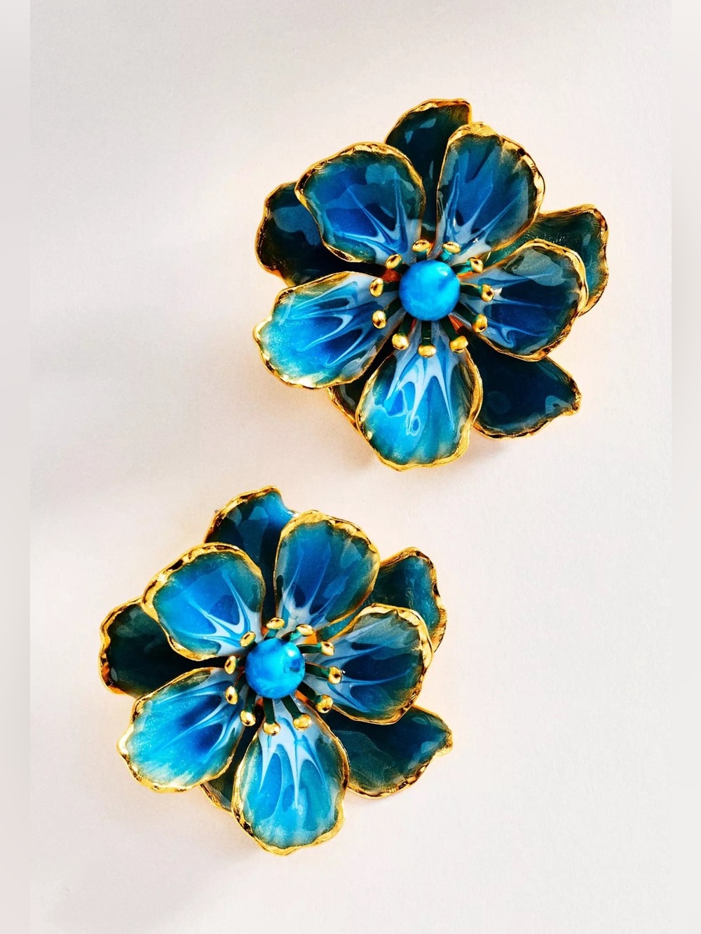 Anthropologie Blue and Gold Enamel Flower Earrings